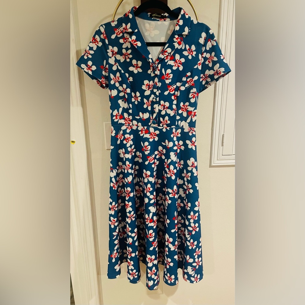 Blue Floral Fit-and-Flare Dress with White & Red Blooms
